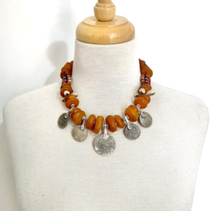 Berber Amber Necklace | Unique Amazigh Necklace with Old Silver Coins